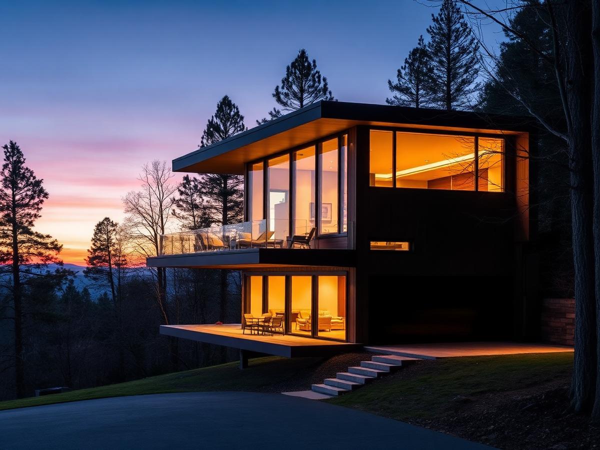 Casa contemporânea iluminada ao anoitecer com amplas aberturas de alumínio e vidro