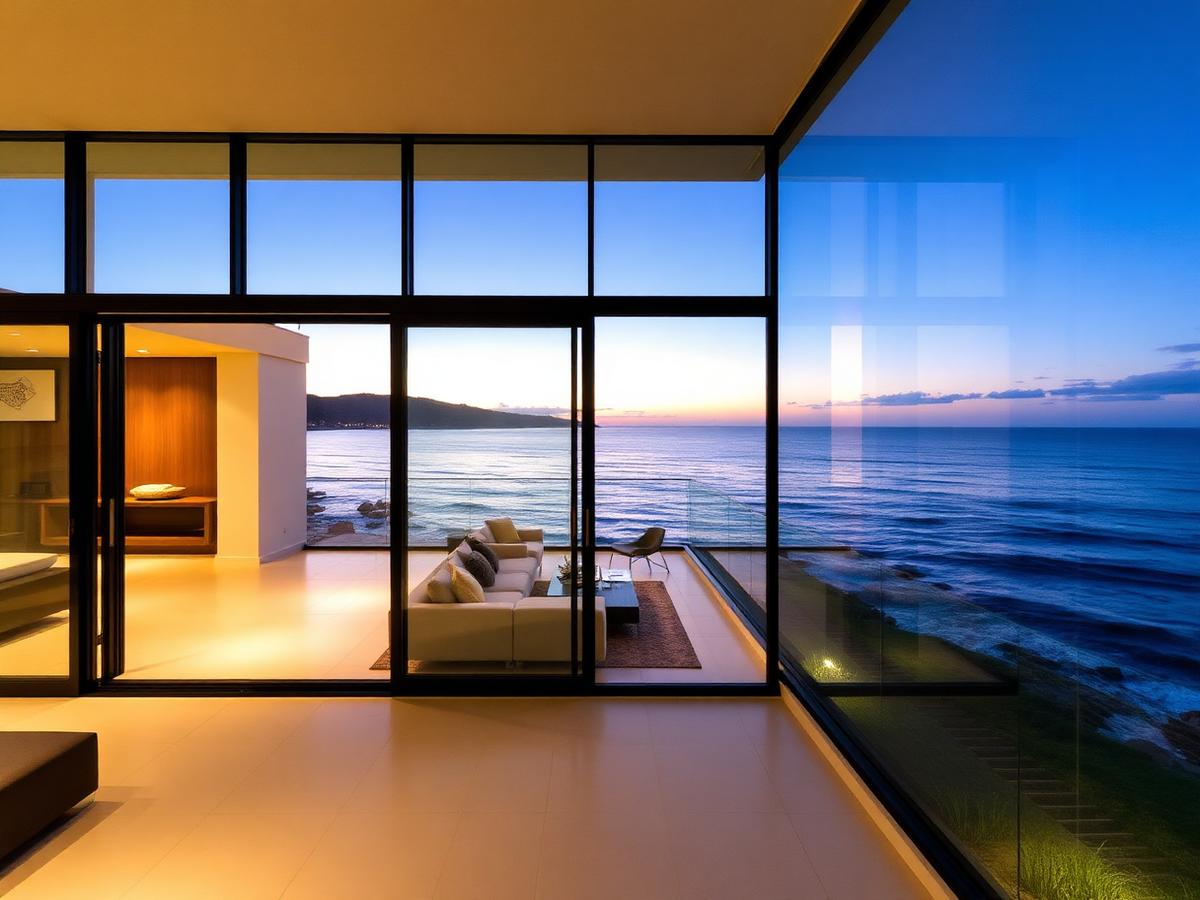Sala frente-mar com parede de vidro em perfis de alumínio escuros ao entardecer