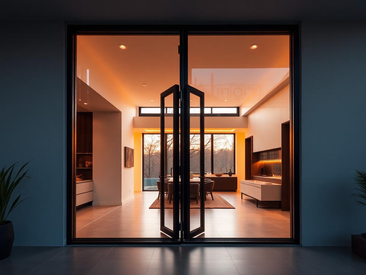 Porta pivotante de alumínio preto com vidro em residência contemporânea